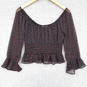Abercrombie & Fitch Floral Smocked Ruffle Long Sleeve Top Black Red XS Y2K 90s‎